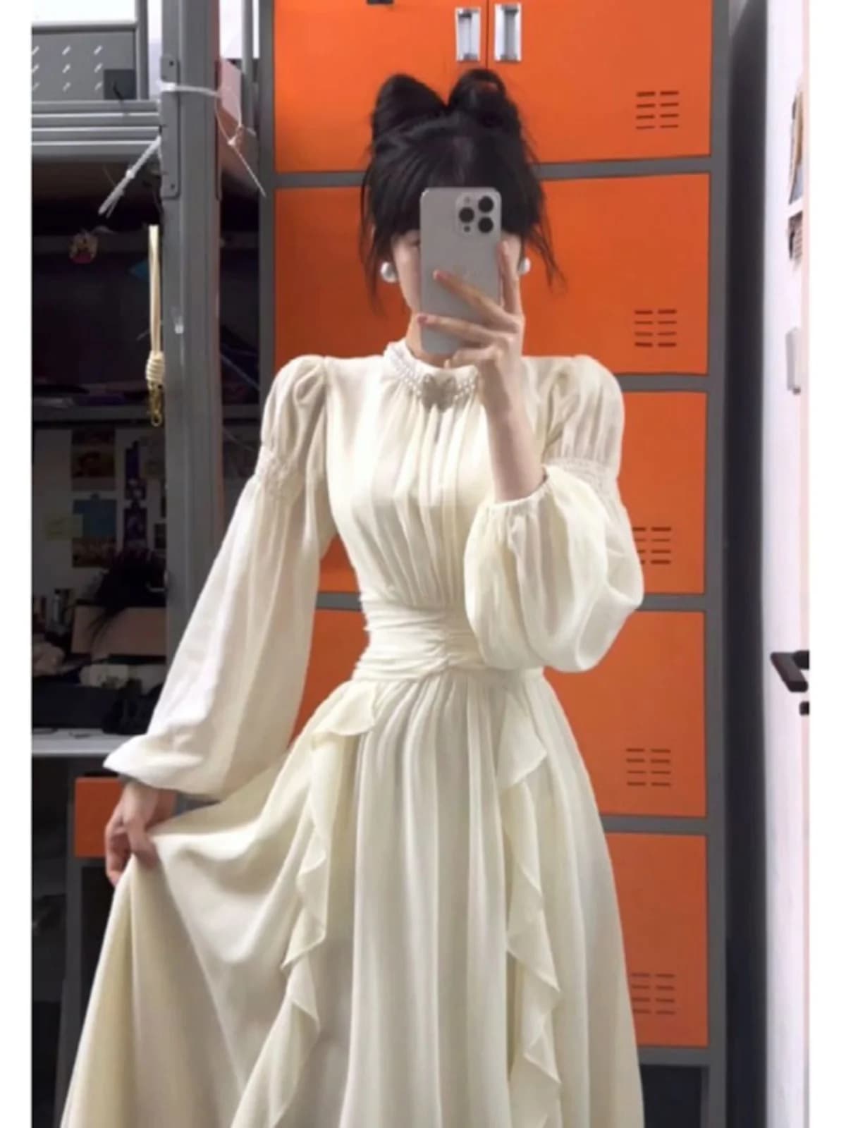 Elegante Abito Lungo Bianco Stile Coreano con Orlo Sfumato, Vita Stretta, Gonna a Trapezio e Maniche a Bolla – Abbigliamento Casual per la Primavera
