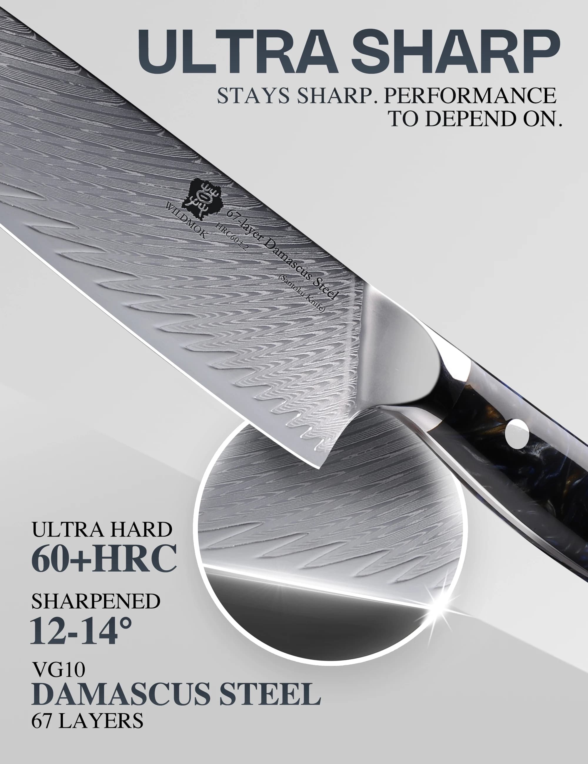 Coltello Santoku WILDMOK da 7 pollici, coltello da cucina ultra affilato con acciaio giapponese Damascus VG10, manico ergonomico in resina
