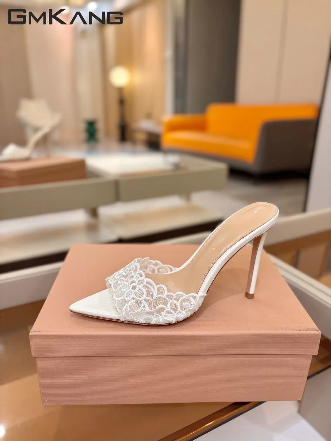 Women Lace Pointed Toe Slip On Mules Thin Stiletto High Heel Sandals Elegant Wedding Bridal Evening Party Dress Heels