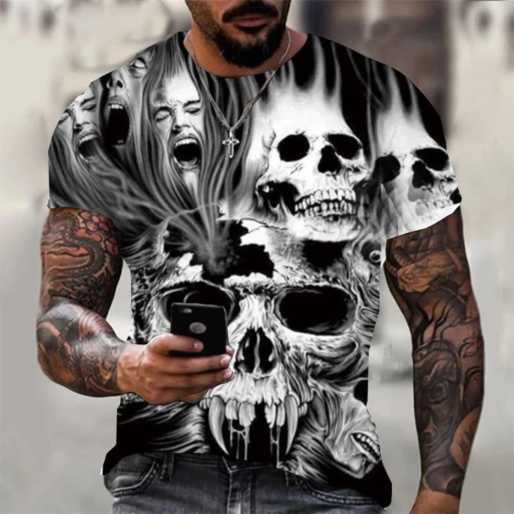 Dark Horror Skull Demon Pattern Men T‑Shirt 3D Print Short Sleeve Crew Neck Gothic Casual Street Fashion Tee Shirts