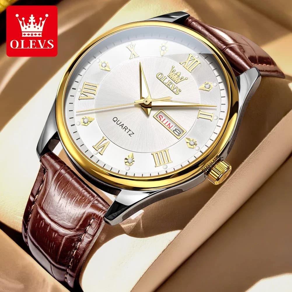 OLEVS 3649 Men's Watch Casual Fashion Quartz Watch Original Luminous Week Clock Waterproof with Date for Men and Women Leather Strap
