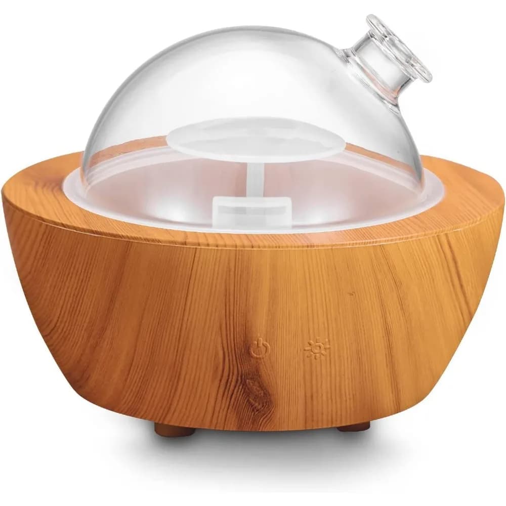 Diffusore di Aromi in Vetro da 280ml con Base Effetto Legno, Umidificatore a Nebbia Fredda, Spegnimento Automatico, Luce Notturna LED a 7 Colori