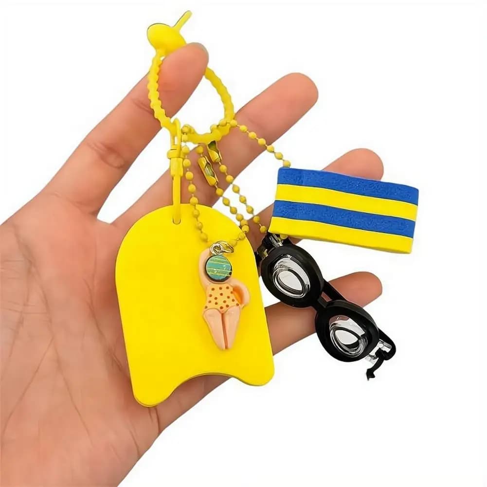 Cute Swim Themed Keychain With Mini Goggles Kickboard & Swimmer Charms Floating Keyring Bag Pendant Water Sports Bag Decoration