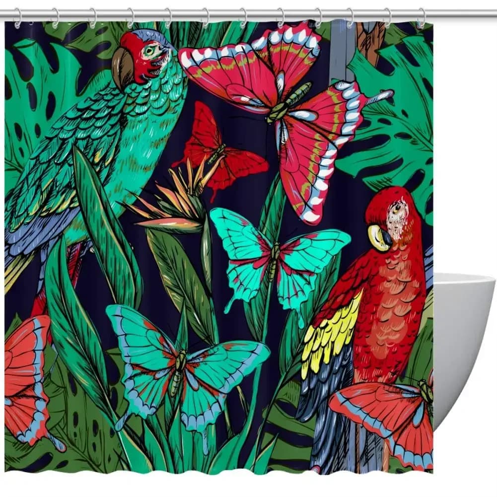 Tenda da doccia con fiori tropicali e pappagalli, in tessuto di poliestere impermeabile, decorazione per il bagno, schermo per vasca con ganci