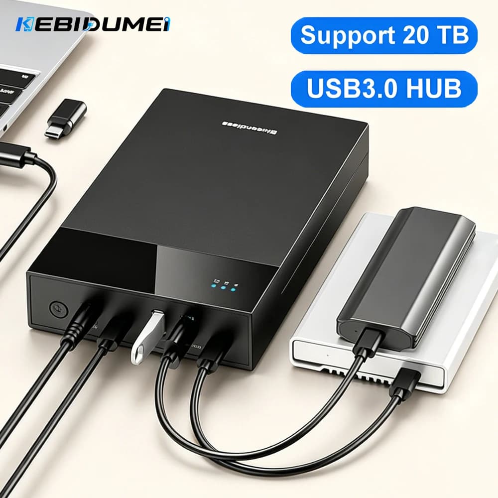 KEBIDUMEI 2.5/3.5 HDD/SSD Enclosure USB3.0 HUB Support 20TB USB Ports External Hard Drive Box for 3.5 2.5 Inch SATA SSD HDD Case
