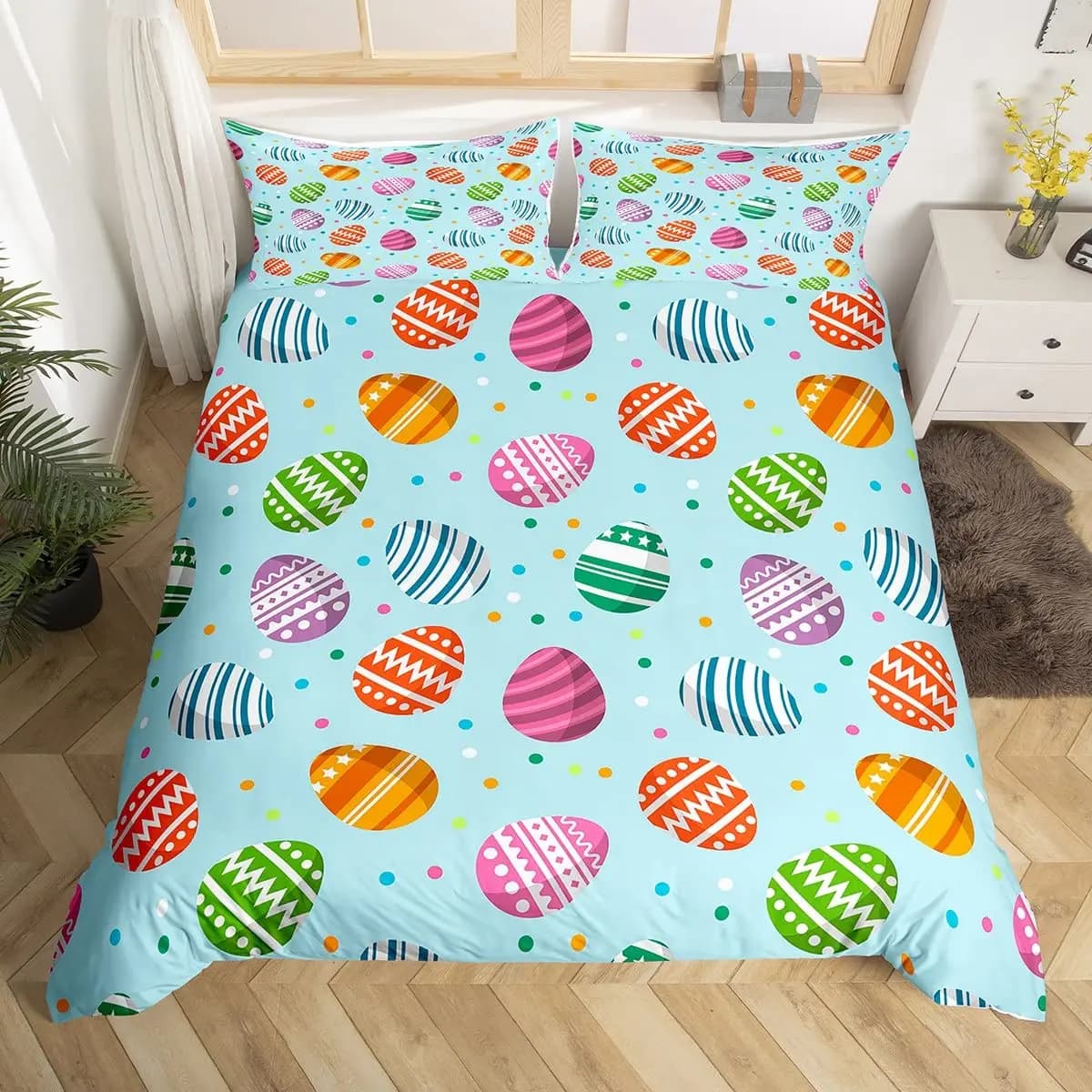 Set di biancheria da letto King Queen con uova di Pasqua ad acquerello Copripiumino a tema buona Pasqua Copripiumino in poliestere con uovo di Pasqua arcobaleno per bambini