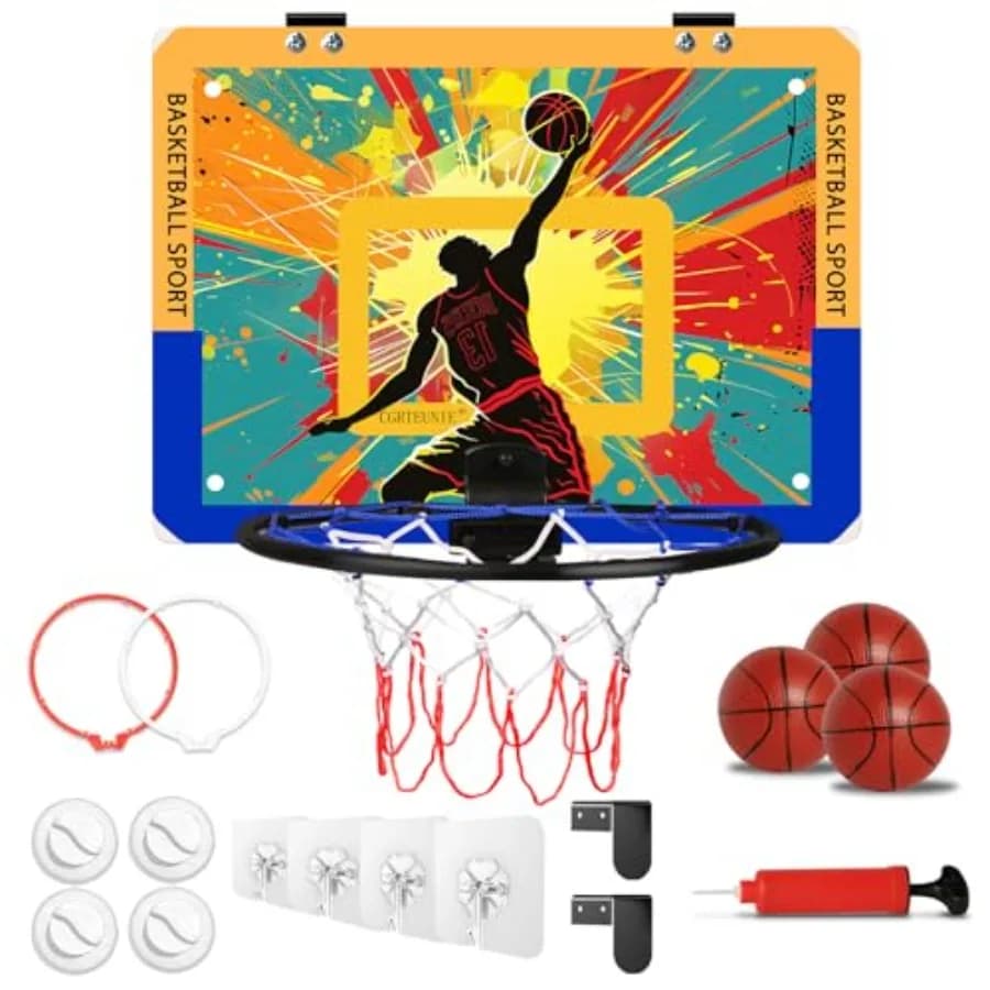 Canestro da basket grande per interni con tabellone da 40x30 cm, 3 modalità di installazione: ganci per porta, ventose, adesivo, mini canestro silenzioso