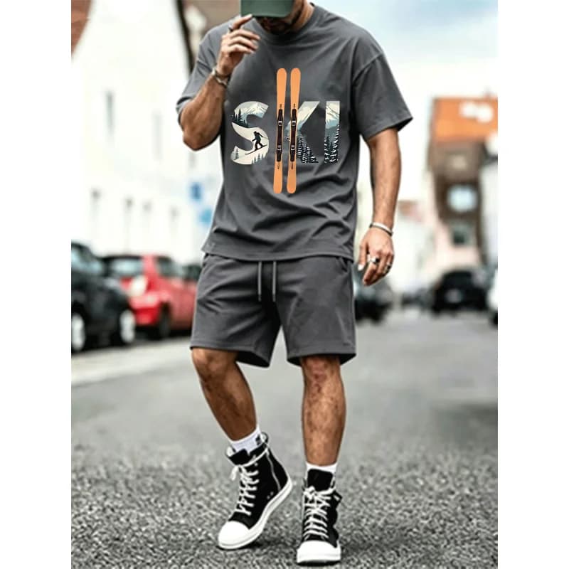 Men's 2Pcs Summer Outfit Mesh Print Oversized T-Shirt + Casual Shorts Set Streetwear