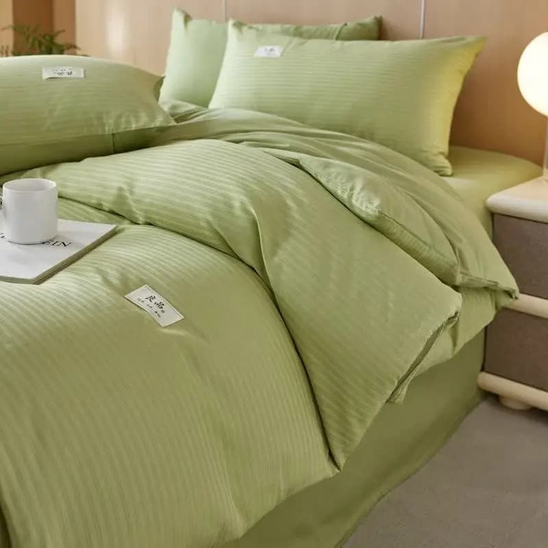 Set di Biancheria da Letto 100% Cotone, Copripiumino e Federe a Righe Jacquard Satinato, Lenzuola Singole e Matrimoniali