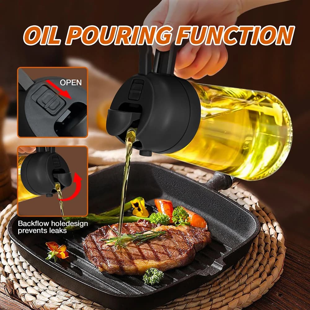 Glass bottle with sprayer for olive oil dispenser 2 in 1, kitchen tool for food use, for cooking salad, barbecue, air fryer, cooking, frying, picnic