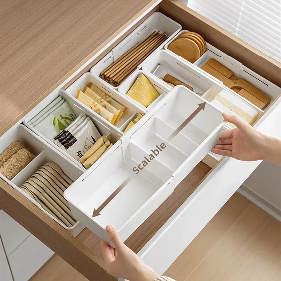 Sliding Drawer Tray with Adjustable Dividers, Expandable Storage Organizer, Sliding Drawer Bin, Expandable Drawer Organizer