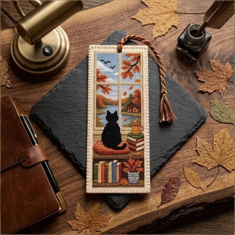 New DIY Seasonal Cat Cross Bookmark Material Kit Handcrafted With Braided Rope Book Page Marker Embroidery Kit Women Girls