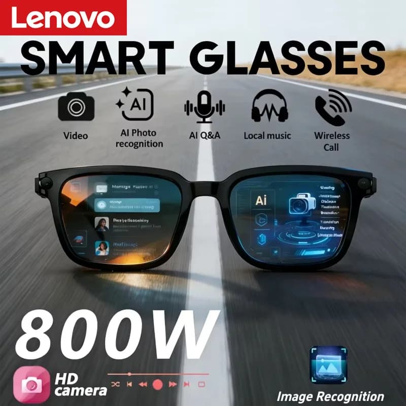 Occhiali Intelligenti Lenovo con Fotocamera HD 8MP, Riprese Video 4K, Traduzione AI in Tempo Reale, Registratore Vocale, Musica Bluetooth, Occhiali da Sole Smart