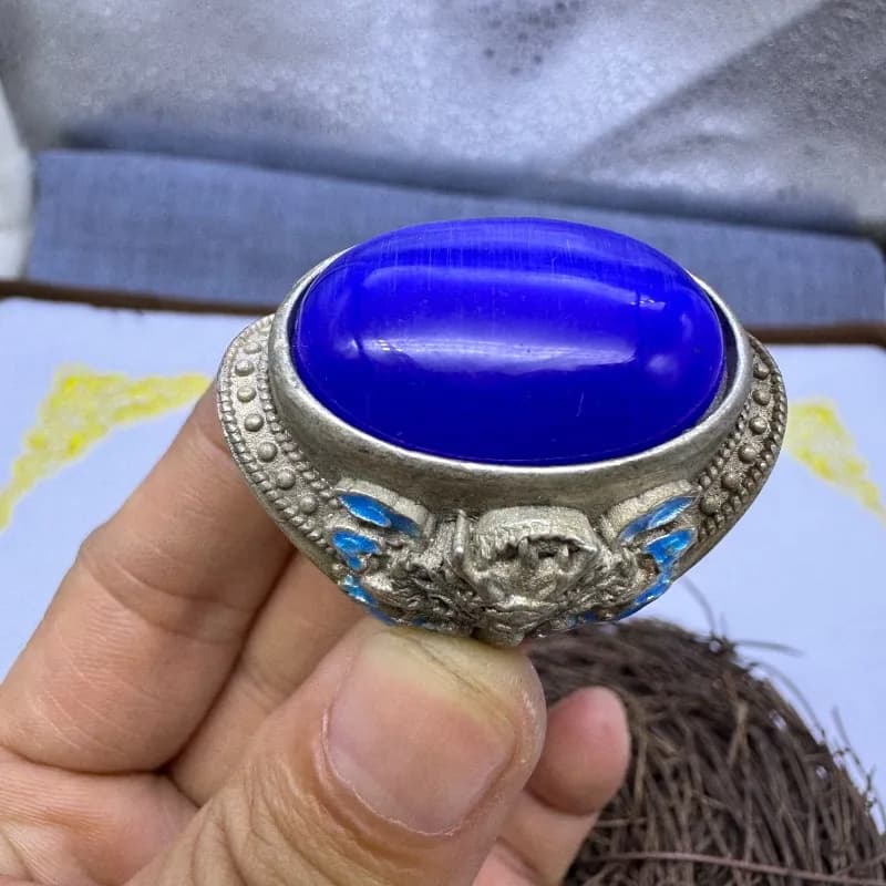 Unisex Large Cabochon Sapphire Cat Eye Ring, Big Boss Statement Finger Jewelry Blue Light Non-fading Daily Wear Accessory