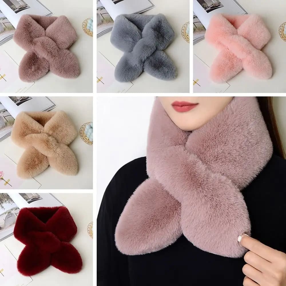 Cute Solid Color Cross Scarf Faux Rabbit Fur Plush Thicken Neck Scarf Neckerchief Wrap Women