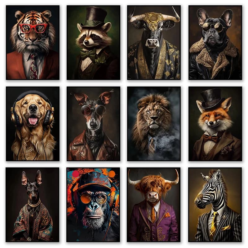 Ritratti di animali Cool Dog Doberman Leopardo Zebra in abito a righe Poster Stampa Immagini di arte della parete Pittura su tela Room Home Decor