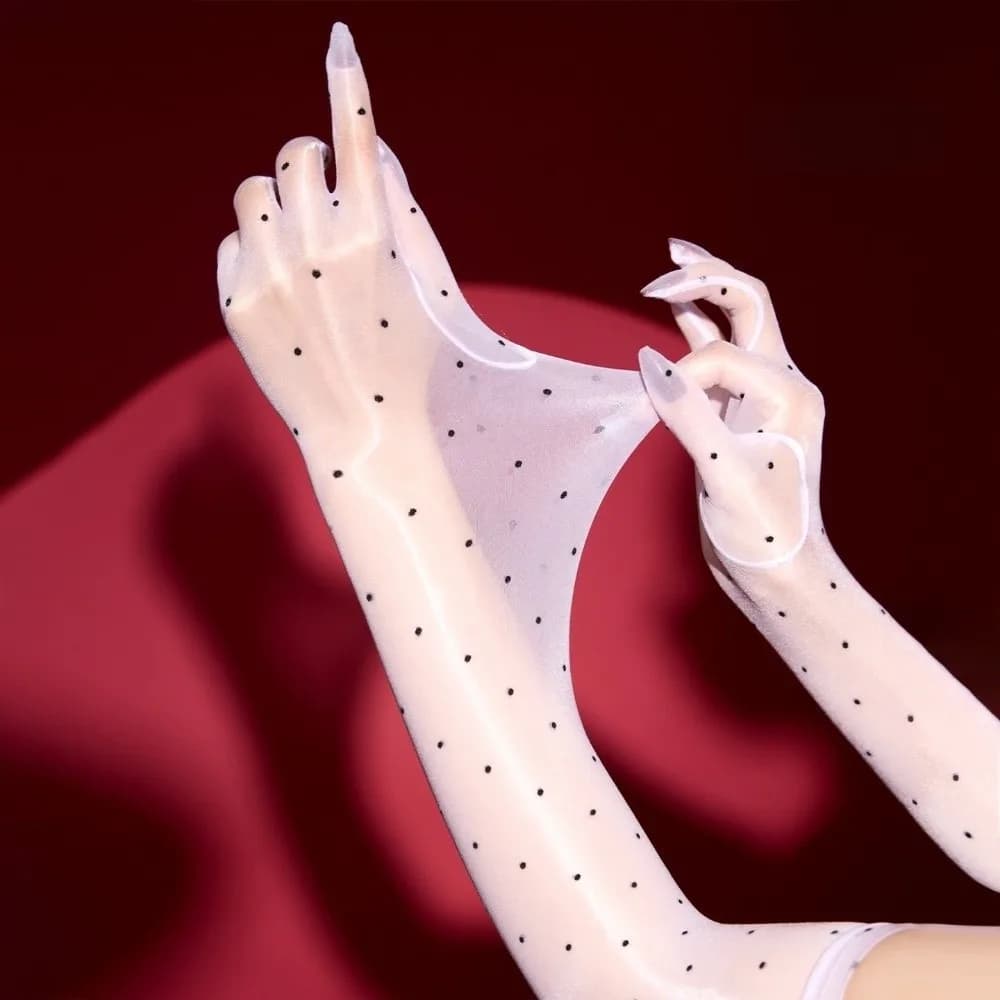 Stretchy Polka Dot Five Finger Gloves Oil Shiny Smooth Sheer Gloves Ultra-thin Stretchy Stockings Gloves Evening Wear