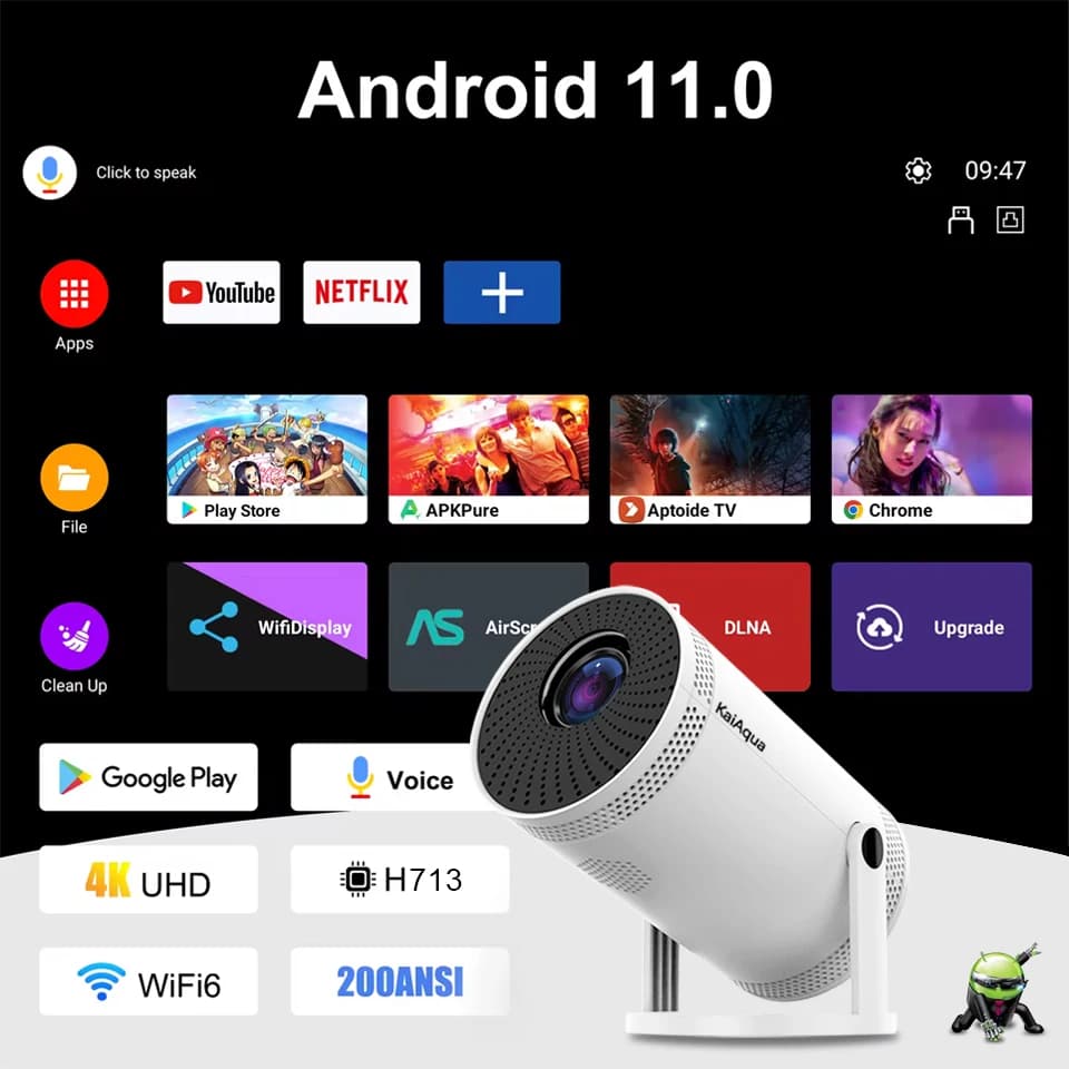 Proiettore Smart 3000 Lumen 1080p*720p con Mirroring dello Schermo, 4K Full HD, Android 11, WiFi6, per Home Theater e Uso Esterno Portatile