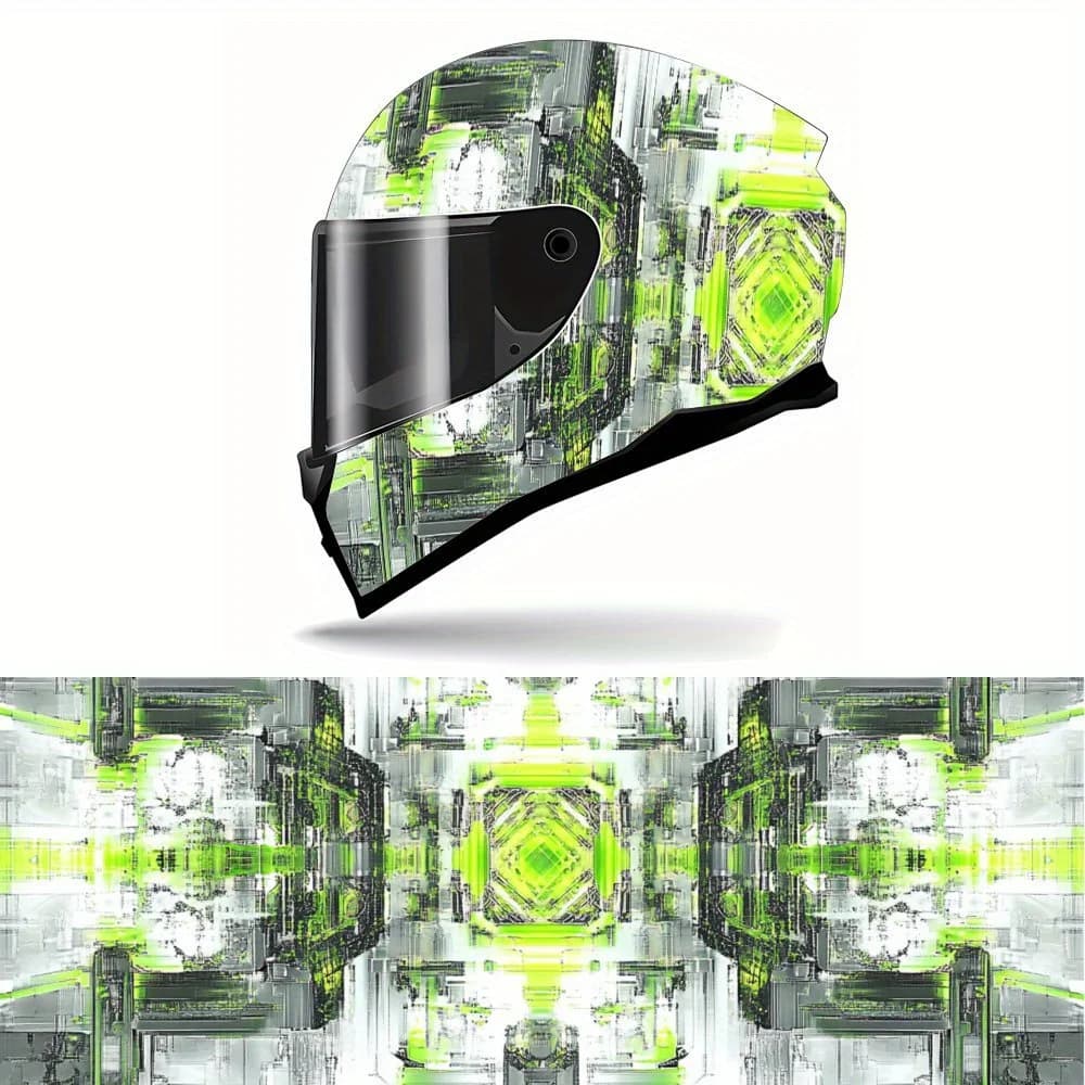 Symmetrical design, geometric shapes, neon green accents, helmet vinyl casing, waterproof removable decals for motorcycle helmets