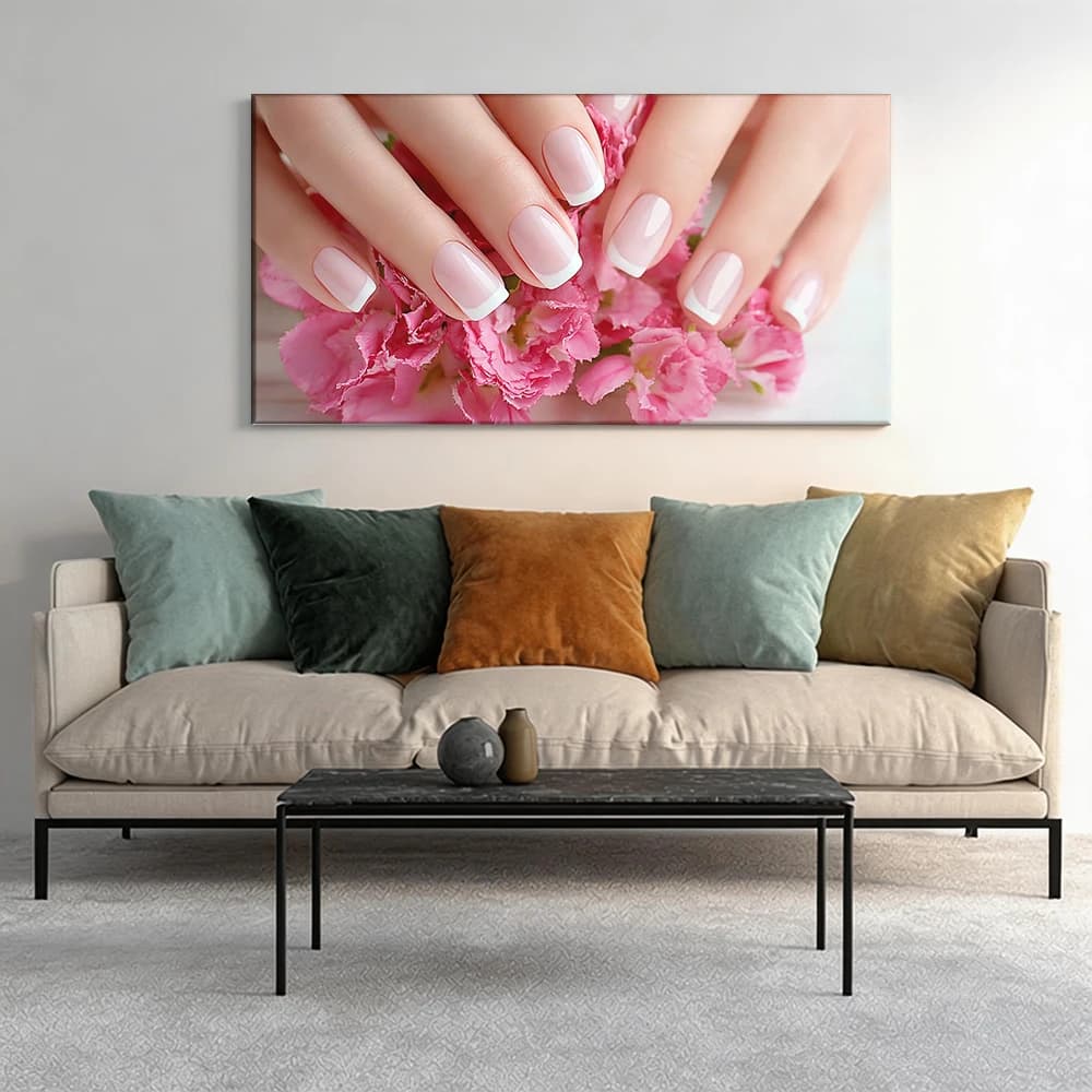 Painted on canvas with large wooden frame, 1 piece, French manicure, pink and white tips.