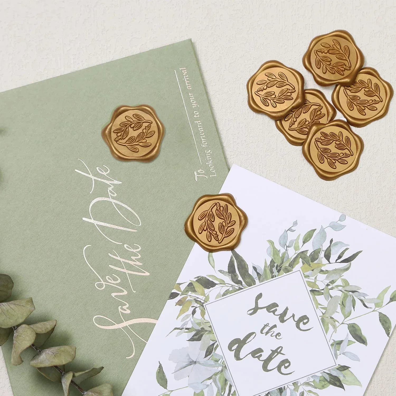 60pcs Wax Seal Stickers - Olive Branch Wedding Invitation Envelope Seal Stickers, Self- Adhesive Prosecco Light Gold Stickers