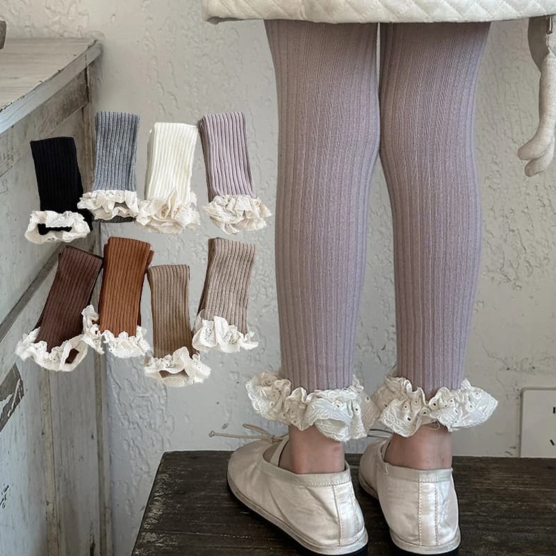 Leggings per neonate autunnali Pantaloni a costine Polsino in pizzo di cotone Leggings per bambini Pantaloni casual a righe Pantaloni per bambini