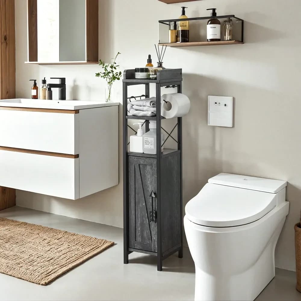 Mobiletto Salvaspazio per Bagno con Porta, Organizzatore Impermeabile per Bagno con Porta Carta Igienica, Grigio