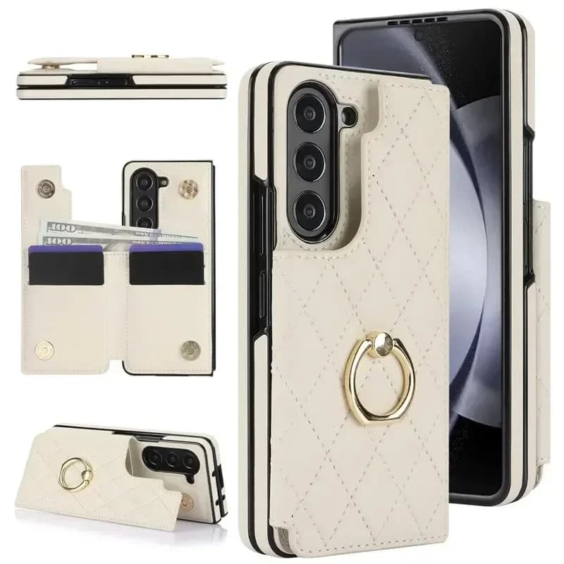 Portafoglio ad anello in pelle di agnello con custodia per telefono porta carte per Samsung Galaxy Z Fold 7 6 5 4 3 Fold6 5G Custodia protettiva con supporto
