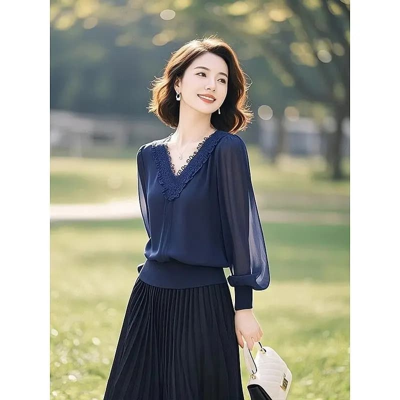 Camicie a maniche lunghe con scollo a V tinta unita patchwork in pizzo da donna da ufficio primavera autunno Camicetta con maniche a lanterna in filato netto moda femminile