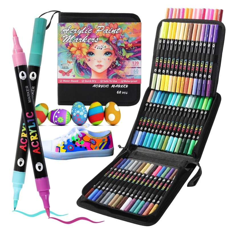 Professional Art Use 24-120Colors Acrylic Paint Markers, Dual-Tip Fine and Brush Tip Pens, Suitable for Stone, Wood, Calligraphy