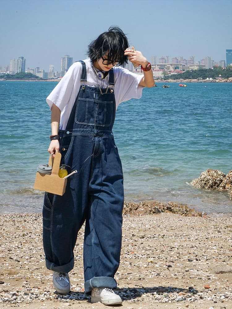 Retro Wide Leg Overalls Adorable Loose Straight Workwear Unisex Cotton Jeans Natural Waist Metal Processed Deep Color