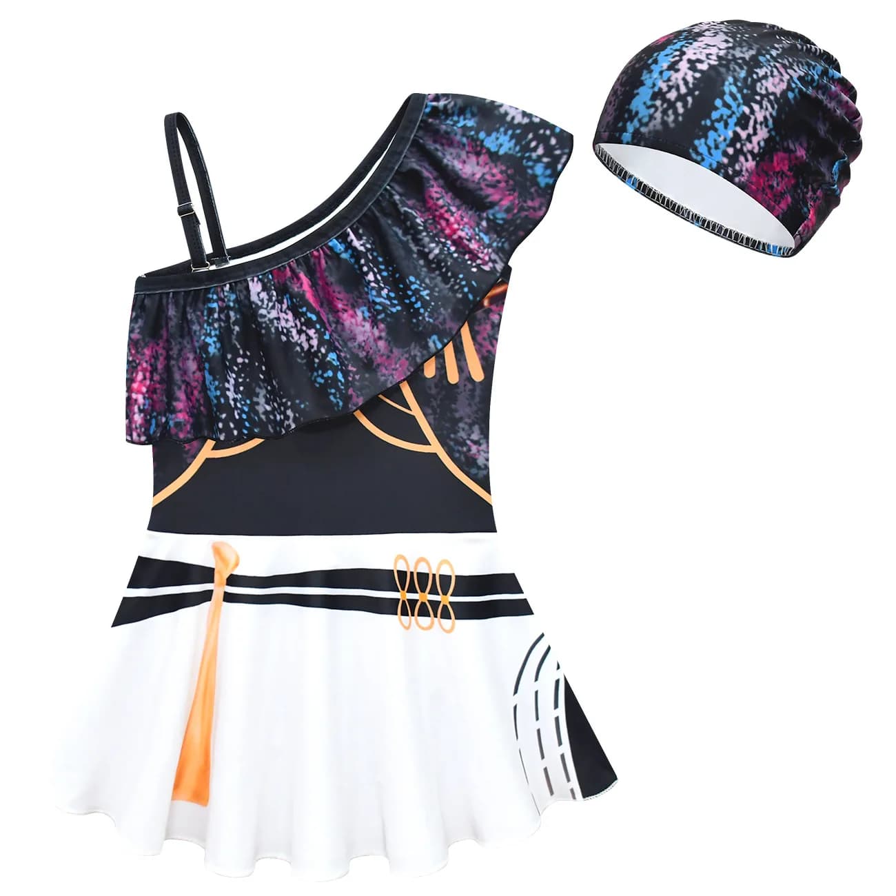 Children's swimsuit 2 pieces/set, new full swimsuit with girl's skirt, full-body swimsuit for girls, with swim cap