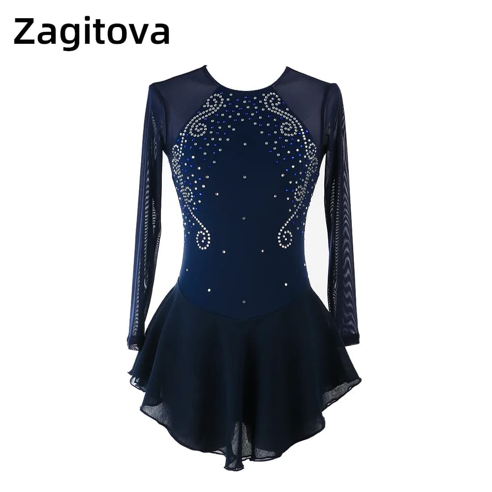 ZAGITOVA Abito da pattinaggio artistico su ghiaccio Gonna da competizione per ragazze adulte per bambini Costume Gonna a rete con diamanti scintillanti blu navy nero