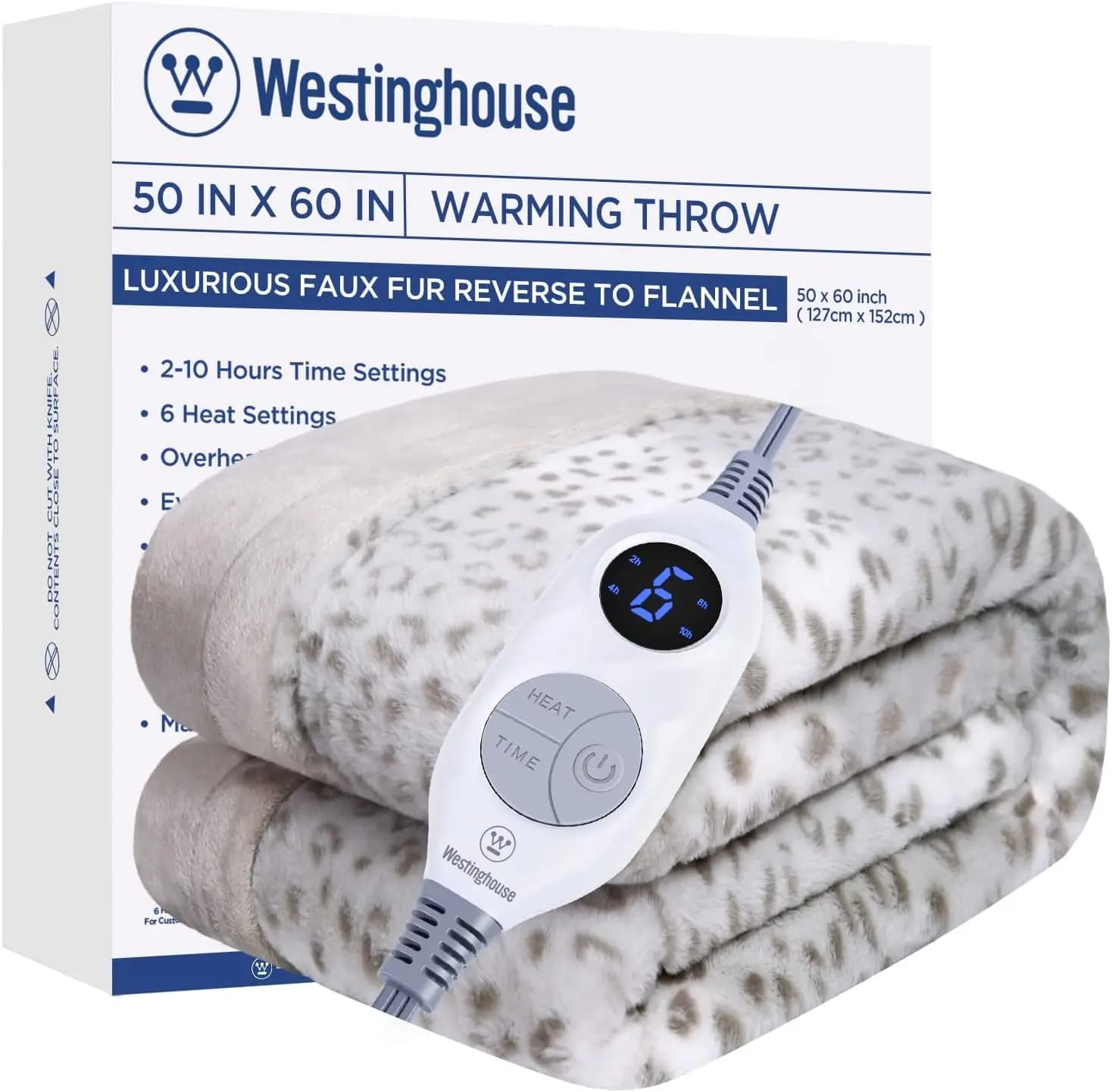 Coperta riscaldata elettrica leopardata grigia, pelliccia sintetica reversibile su flanella, 6 livelli di calore e timer, lavabile in lavatrice (50"x60")