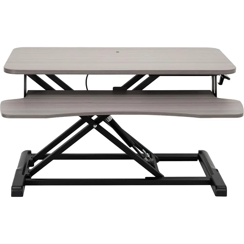 Convertitore da scrivania regolabile in altezza da 32 pollici, supporto per doppio monitor e laptop con ampio ripiano per tastiera, piano grigio, base nera