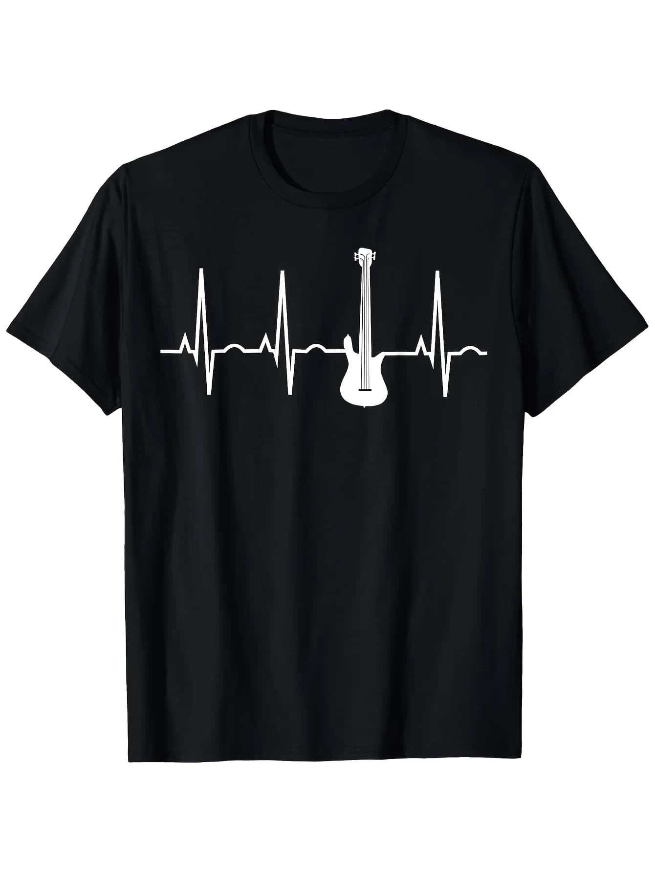 T-shirt da uomo 2026 con grafica a battito cardiaco per basso - Cotone morbido, nero con design a ukulele e linea a battito cardiaco bianca, stile casual street
