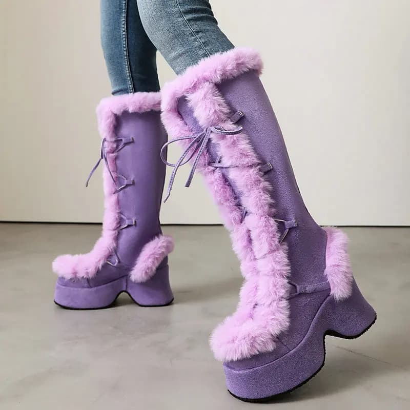Lolita Style Furry Platform Boots for Women Thick Wedge Heel,Warm Knee High Winter Boots Lace Up Cosplay Daily Shoes Woman