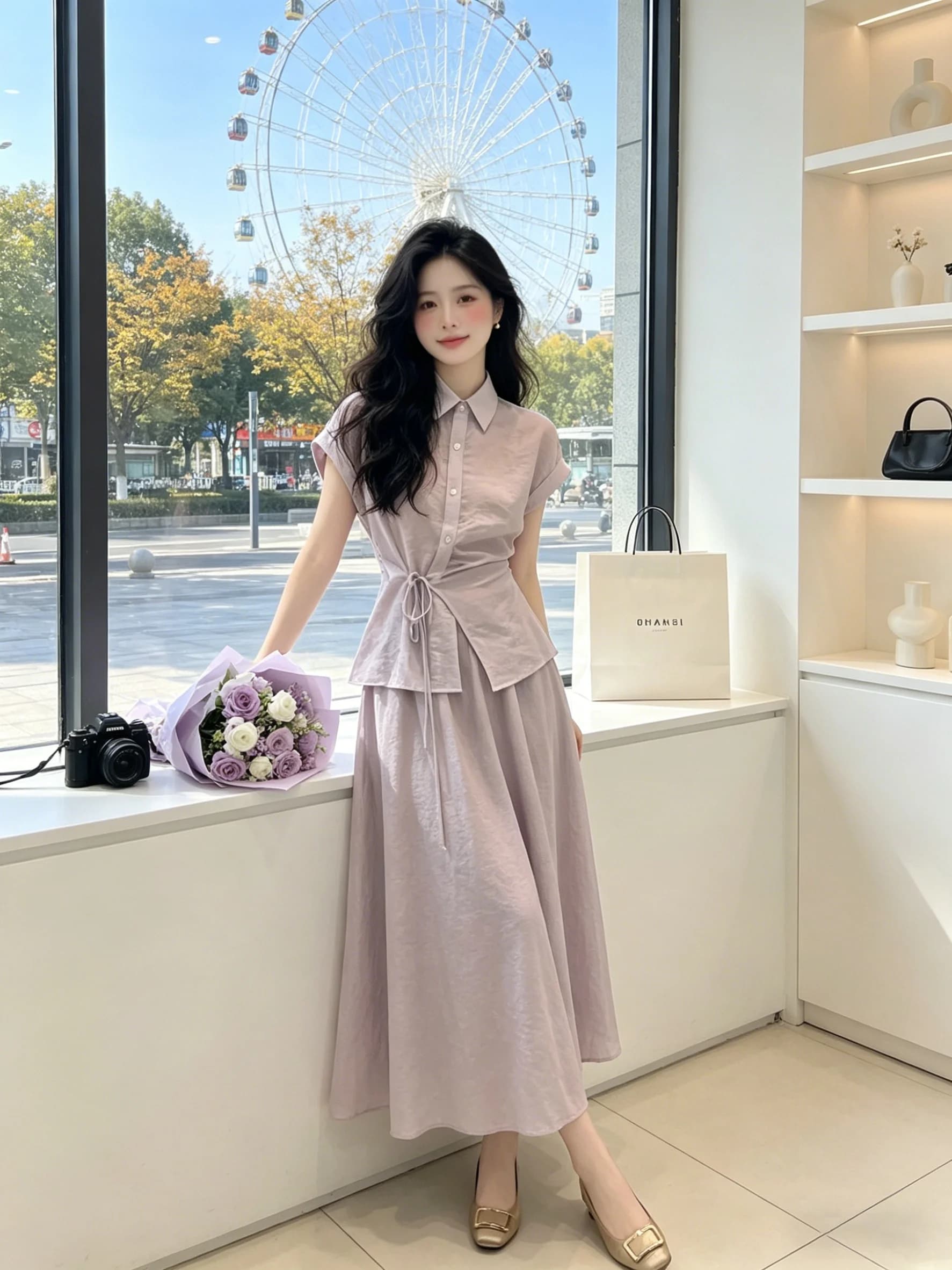 Unique Beautiful Korean Style Women's Summer Shirt And Skirt Set Purple Striped Short Sleeve Tie Design Lightweight Two-Piece...