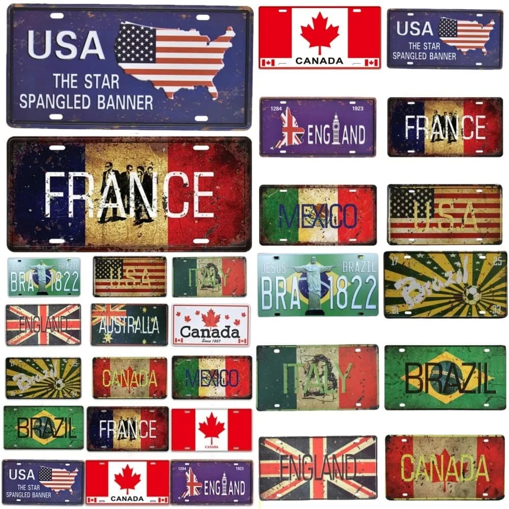 Targa Vintage in Metallo con Bandiere Nazionali di Canada, Australia, Regno Unito, Stati Uniti, Insegna Decorativa per Garage, Hotel, Caffè, Parete