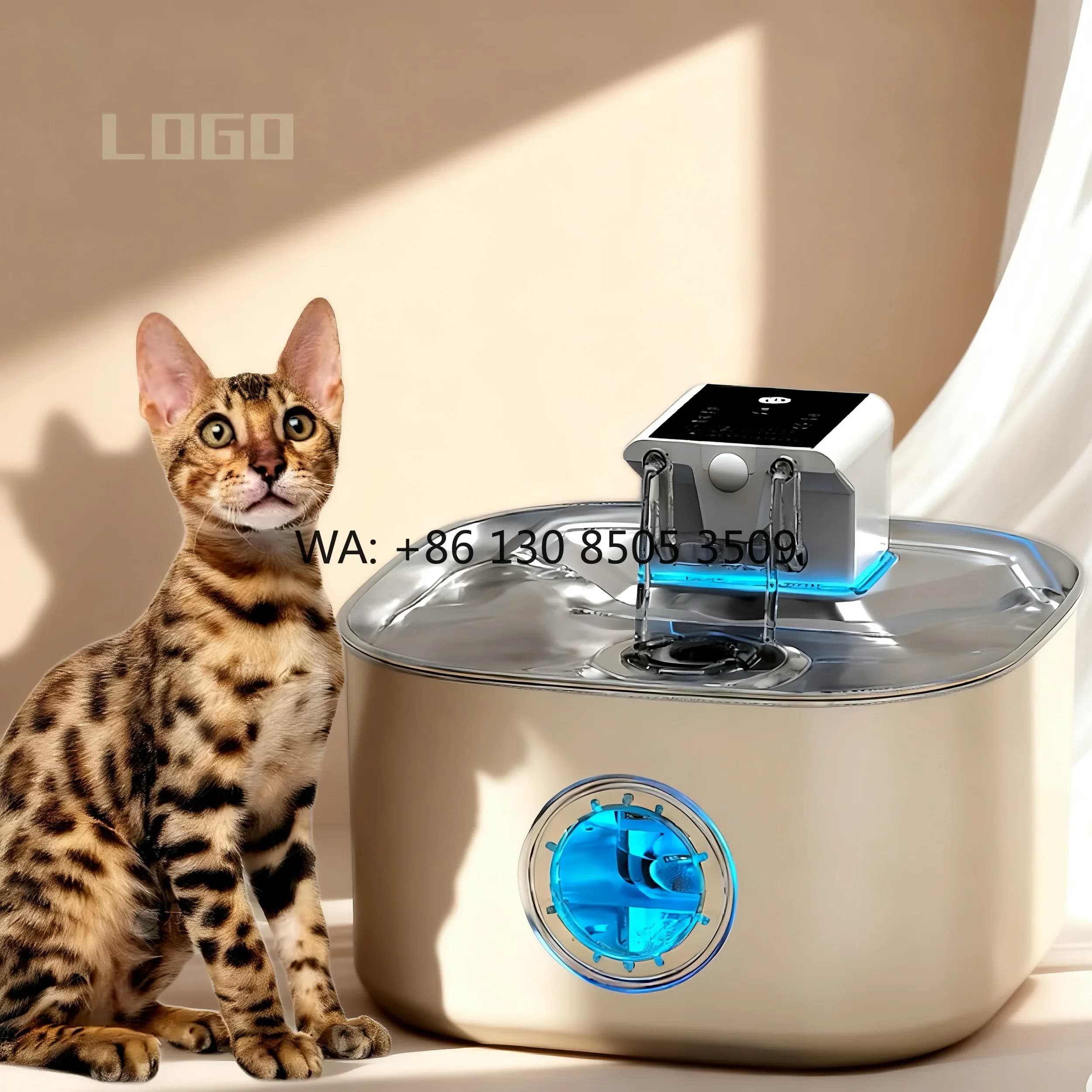 Automatic Pet Water Fountain Motion Sensor 5000mAh Charge Battery-3.2L 304 Stainless Steel Waterproof Solid for Cats Dogs