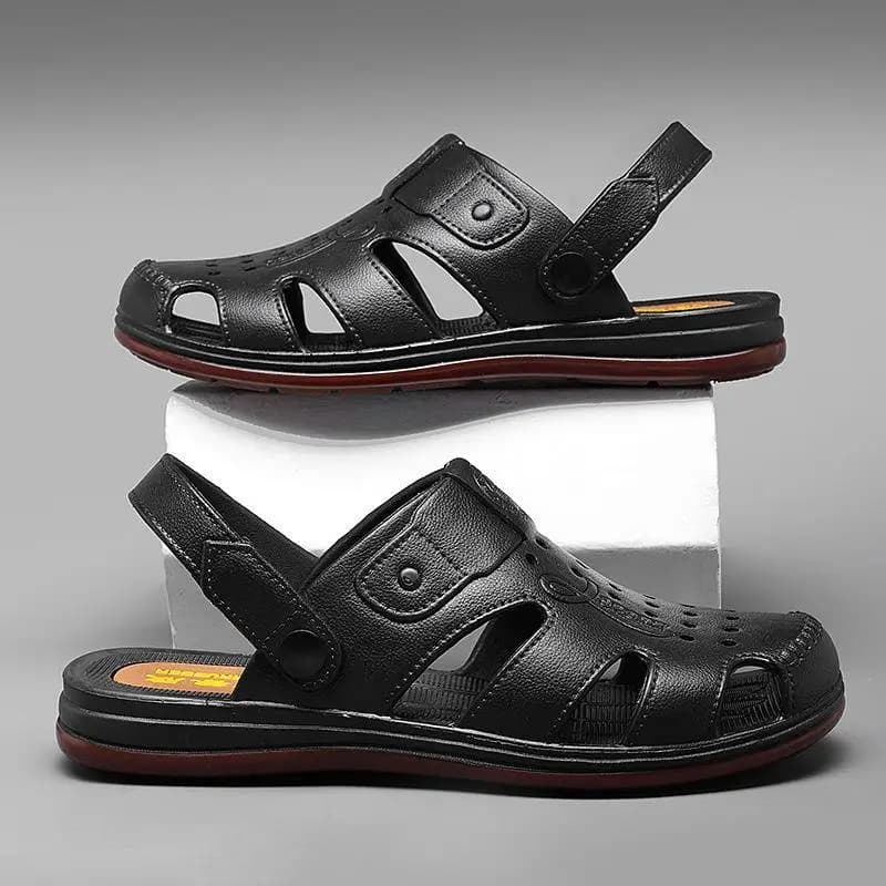 Sandali estivi da uomo in gomma, scarpe casual da spiaggia antiscivolo con design traforato, suola in pelle di vacchetta, comode ciabatte da esterno