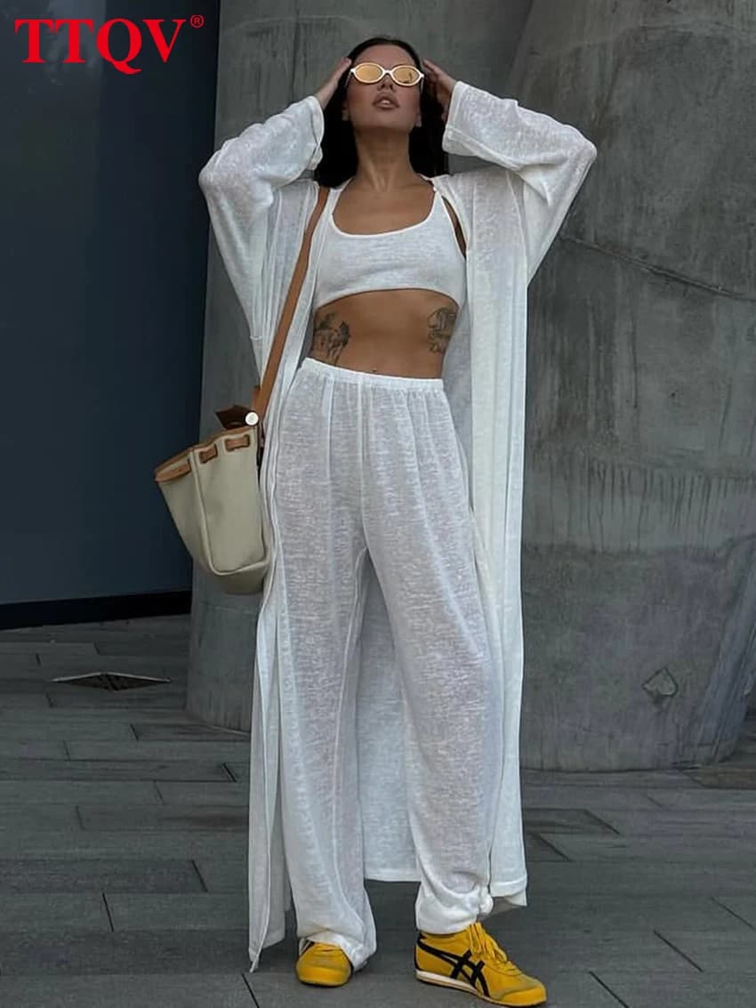 TTQV Moda Allentato Bianco 3 Pezzi Set Donna 2025 Eleganti Abiti a Maniche Lunghe + Crop Top con Pantaloni Larghi a Vita Alta Set Femminile