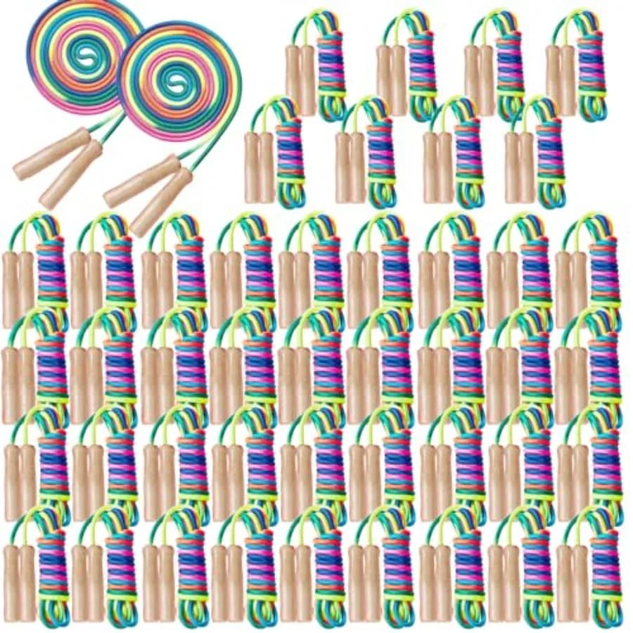 48 Cords for Jumping Adjustable 2.6 m in Cotton Rainbow with Wood Manics, Bulk Pack for Fine Gifts School Year