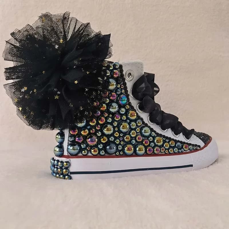 Black Mesh Flowers DIY Kids Canvas Shoes For Girl Customized Shoes Birthday Party Gift Handmade Bling Pompom Pearls Sneakers