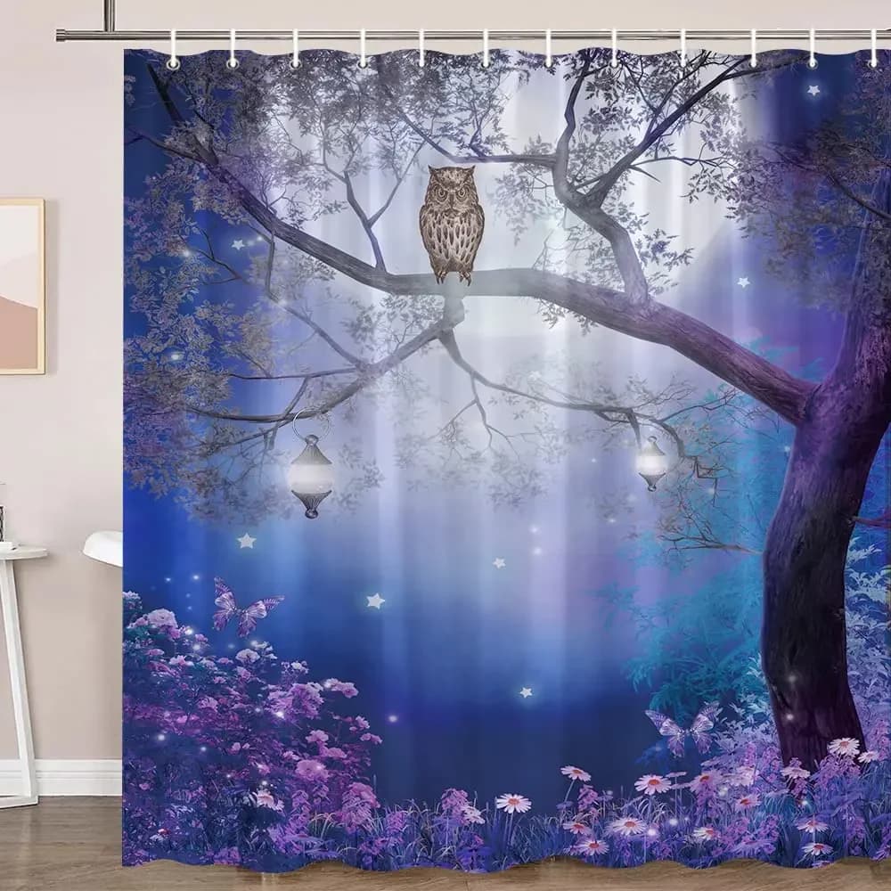 Moon Owl tenda da doccia foresta incantata uccello fiore farfalla Fantasy Fairy Tree lanterne cielo notturno scenario set di decorazioni per il bagno