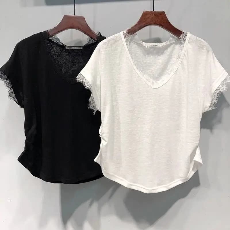 T-shirt con maniche volanti in pizzo con scollo a v in cotone tinta unita con fiocco di neve donna estate tinta unita sottile sciolto sottile top femminile