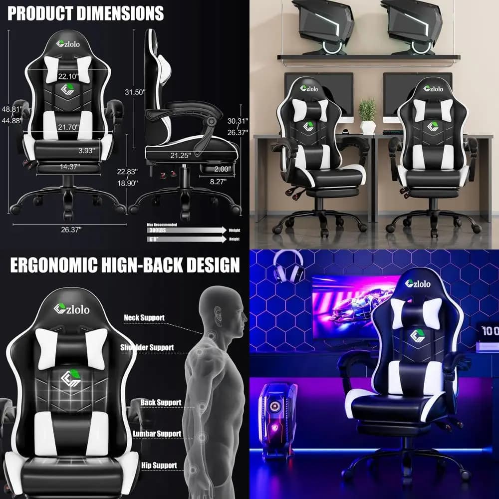 Sedia da Gaming Stile Racing con Supporto Lombare e Massaggiatore, Sedia Girevole con Schienale Alto e Gambe in Metallo, Bianca