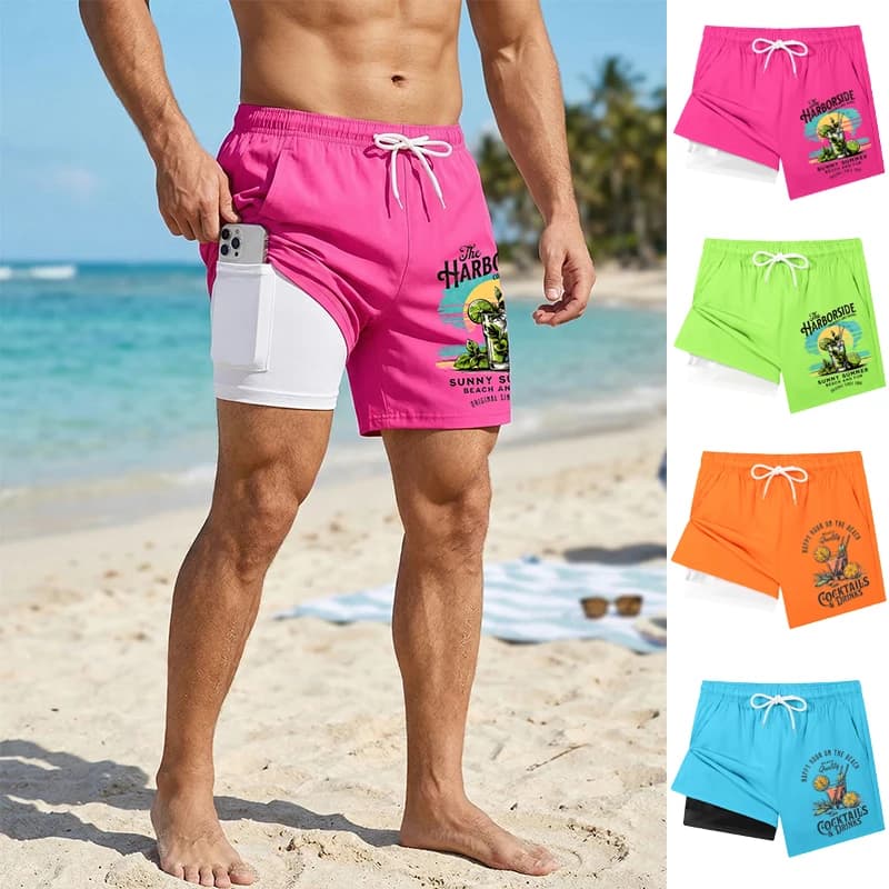 Costume da bagno da uomo 2 in 1 con stampa cocktail e bevande, pantaloncini da spiaggia estivi casual con tasca porta telefono, ad asciugatura rapida