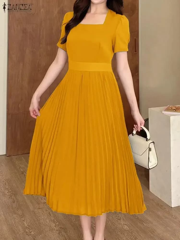ZANZEA Abito longuette a pieghe estivo da donna elegante colletto quadrato camicia lunga abiti da festa moda manica corta casual abito solido