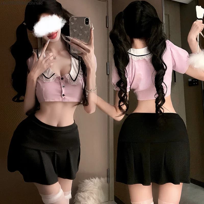 Lolita japanese Lace Lingerie School student Uniforms Role play Miniskirt pretty tight shirt Set Porno College Girl Anime